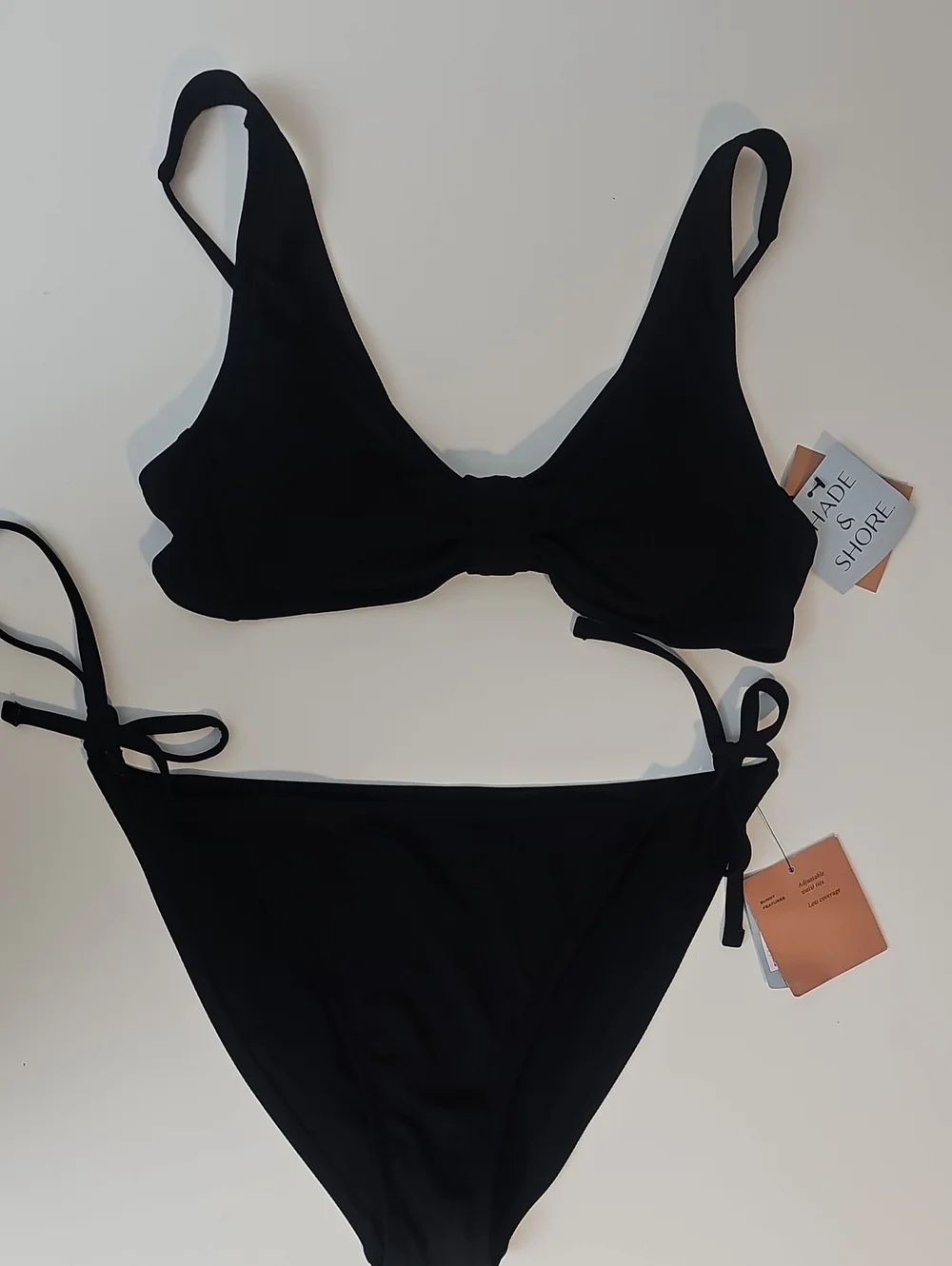 Shade & Shore Womens M Black Ribbed Bikini Set w Bralette Top & Side-Tie Bottoms